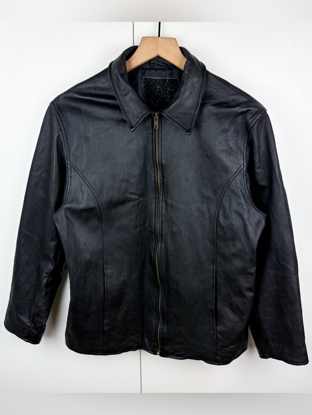 Vintage 90s Black Leather Zip Front Jacket Womens Medium Grunge Alt Moto Y2K